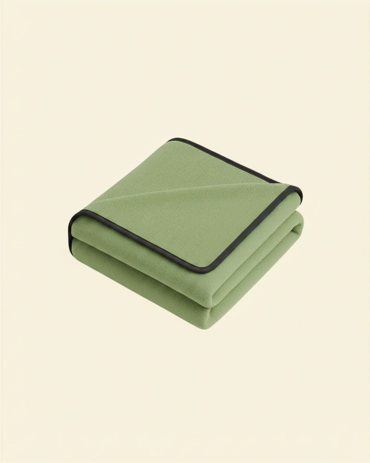 Folded matcha green waterproof blanket with black trim on a beige background