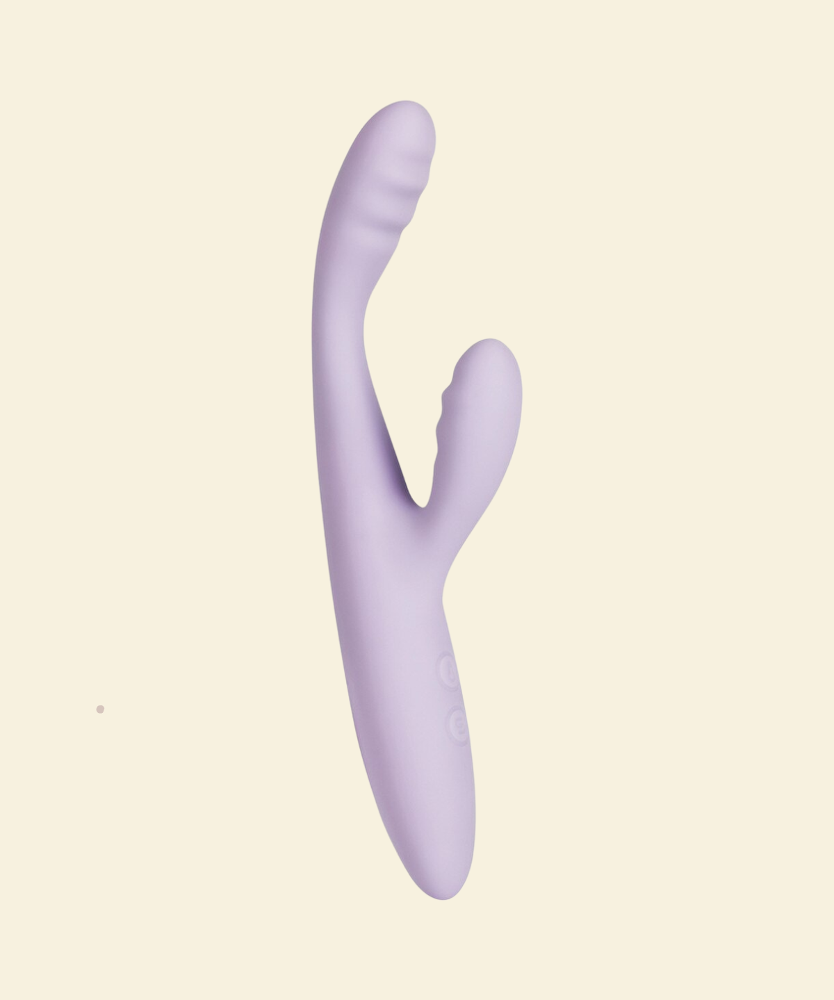 Lilac coloured rabbit vibrator on a beige background