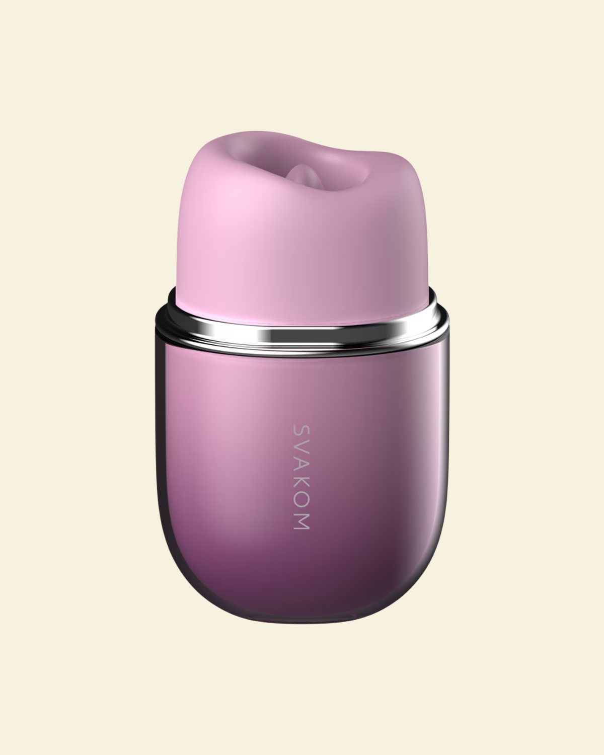 Purple and pink container with 'SVAKOM' branding on a beige background