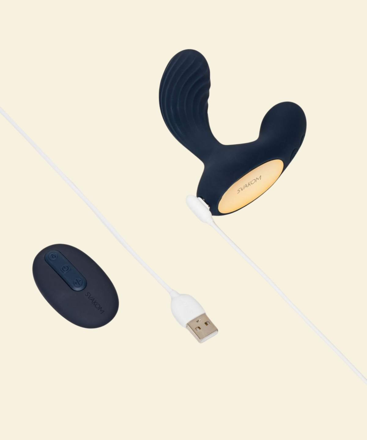 Prostate massager with remote and charging cable