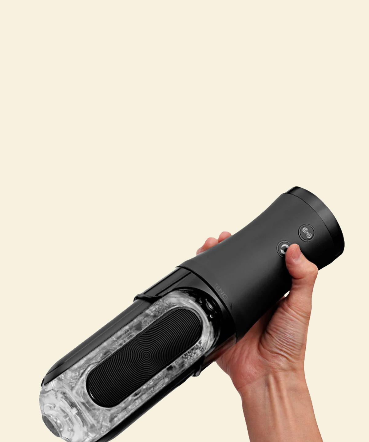 Hand holding black Tenga Flip 0 stroker