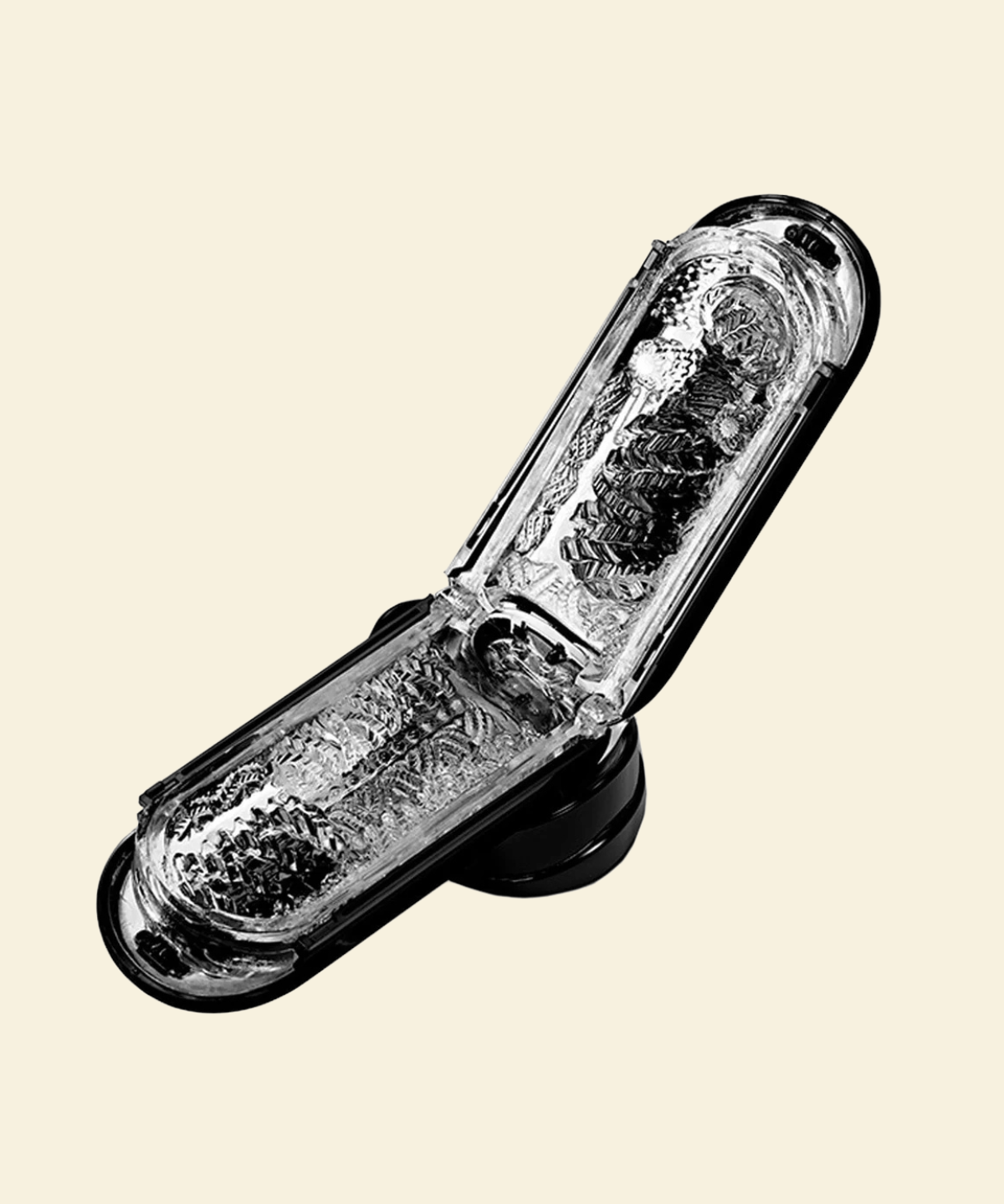 Open Tenga Flip 0 stroker on a beige background
