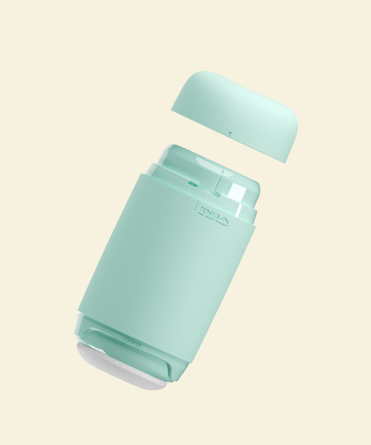 A mint green reusable and soft masturbator on a beige background