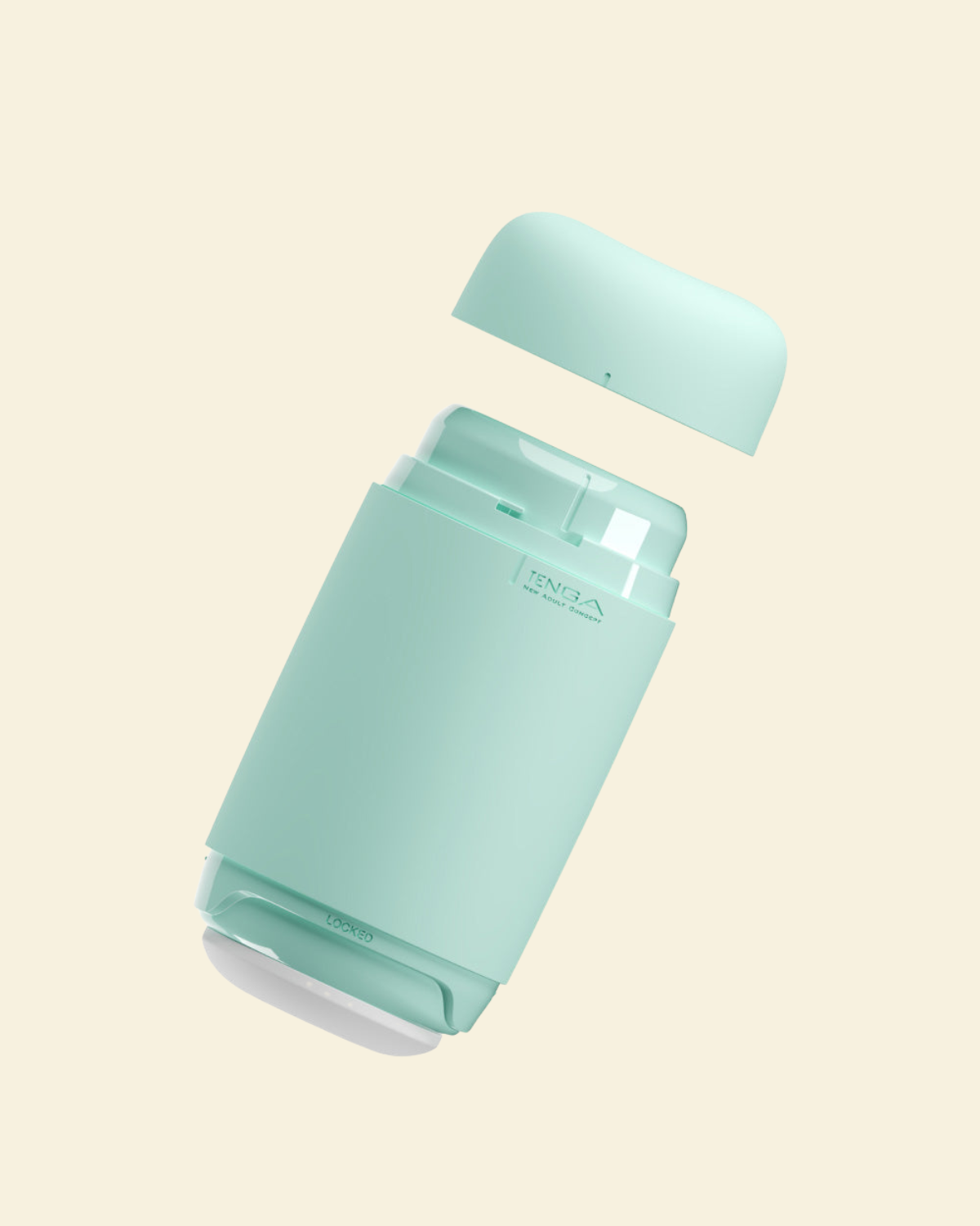 A mint green reusable and soft masturbator on a beige background