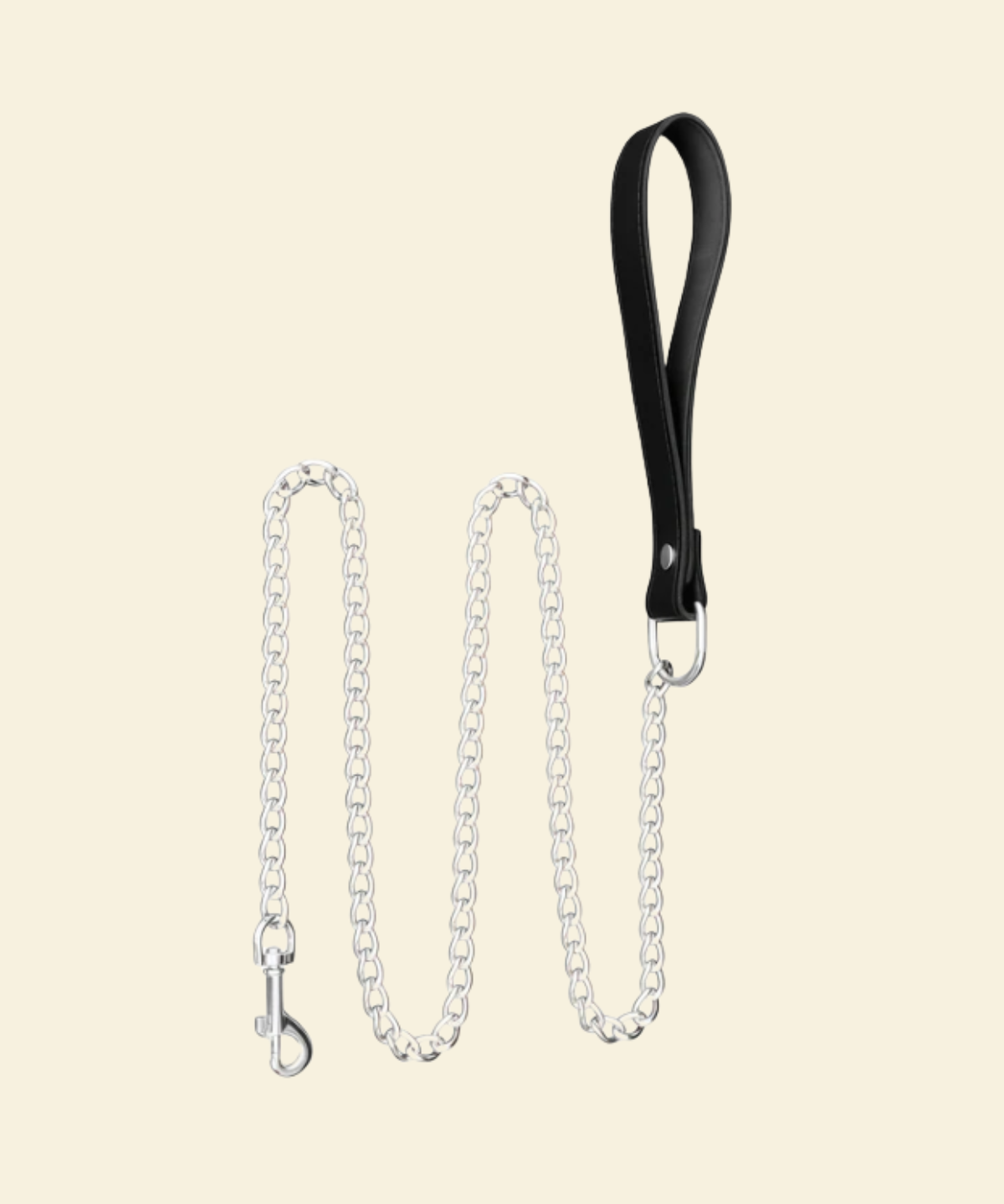 Leash made from stainless steel and genuine leather on a beige background