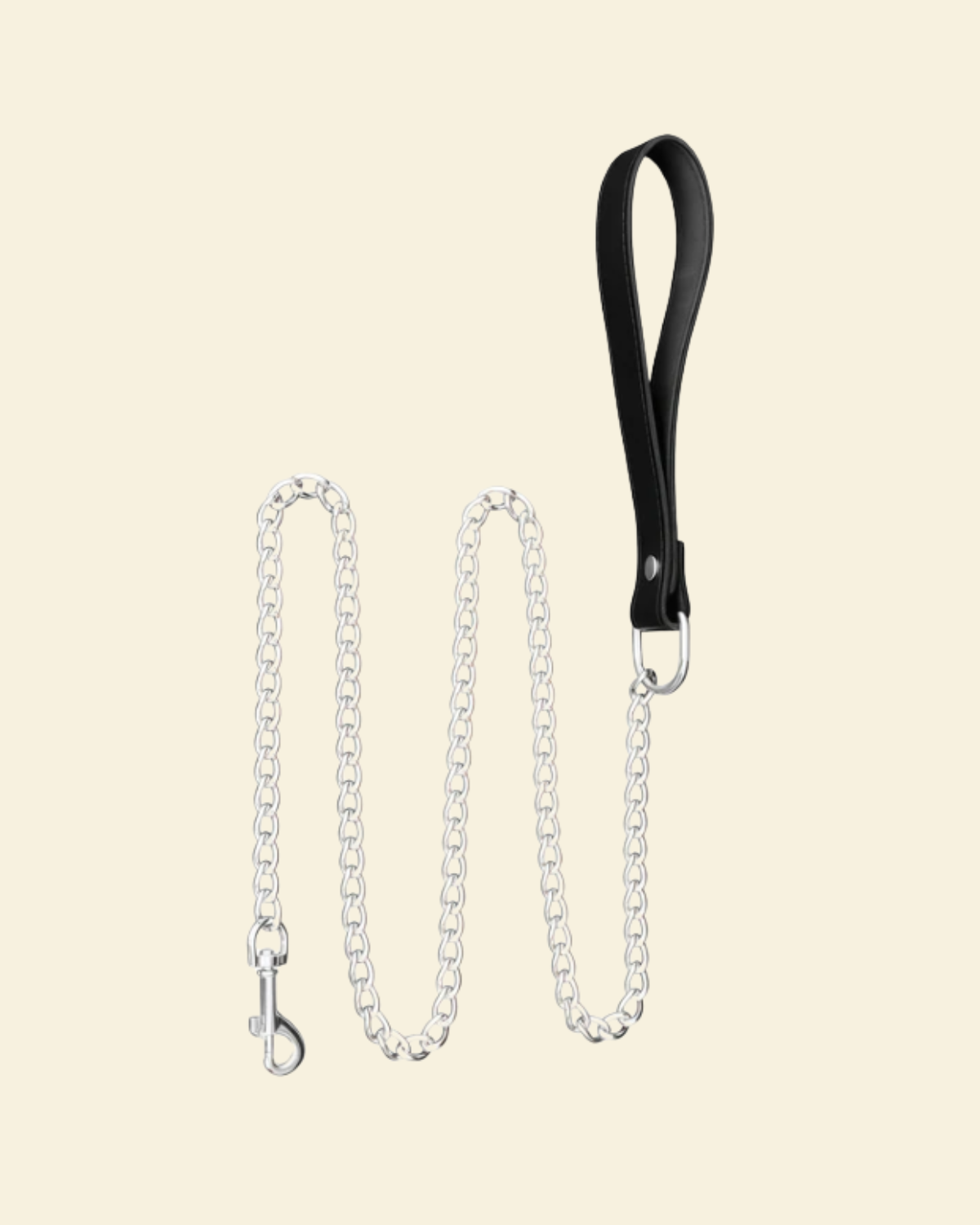 Leash made from stainless steel and genuine leather on a beige background