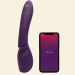 Purple electronic device and smartphone with 'WeVibe' branding on a beige background