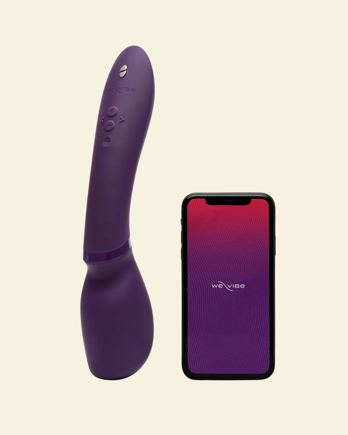 Purple electronic device and smartphone with 'WeVibe' branding on a beige background
