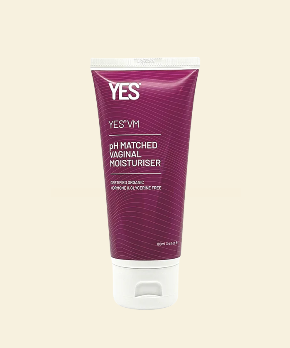 Purple tube of YES VM pH Matched Vaginal Moisturizer on a beige background