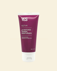 Purple tube of YES VM pH Matched Vaginal Moisturizer on a beige background